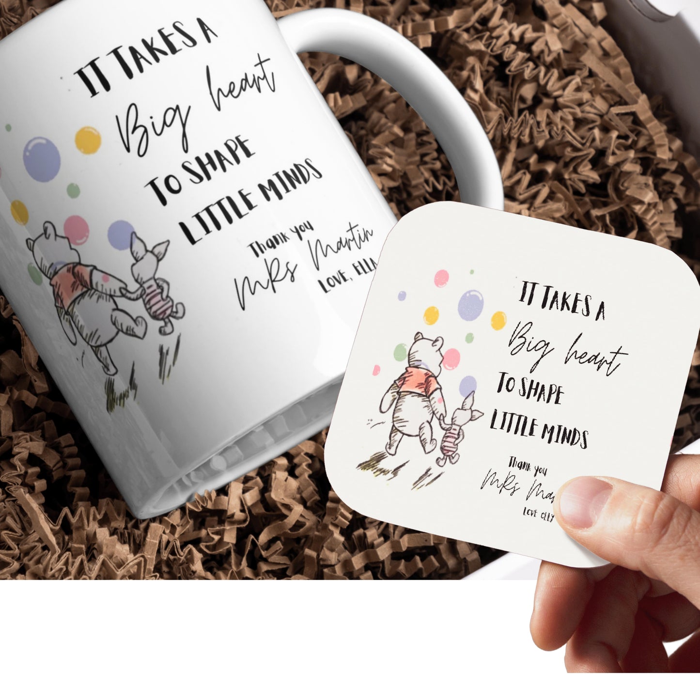 It takes a big heart to shape little minds mug and coaster, End-of-Year Teacher Gift, Christmas thank you , Graduation, Pooh xmas cup gifts