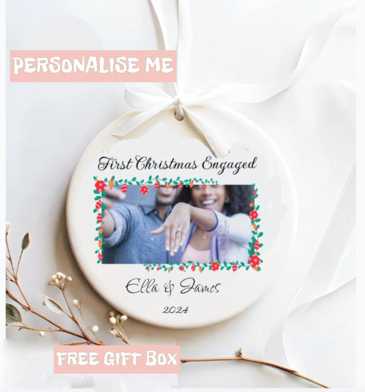 Engagement Personalised Photo Ornament ,Gift star shape  first Christmas engaged, married, , Mr & Mrs fun colleague , friend, secret Santa, vintage, grudge style Custom Bride Picture Ornament, Name Ornament, Mr & MRs  Hanging Hangable  decoration Box